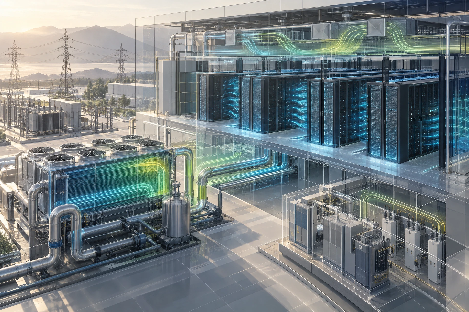 Technical rendering of data-center cooling and power infrastructure with simulated thermal fields